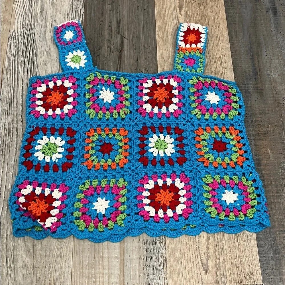 Rare Editions Youth Girls Blue Multi Color Crochet Tank Top Sz 16 GrannyCore